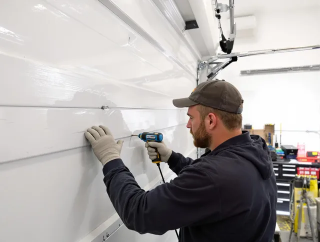 Deerfield Beach Garage Door Repair technician demonstrating precision dent removal techniques on a Deerfield Beach garage door