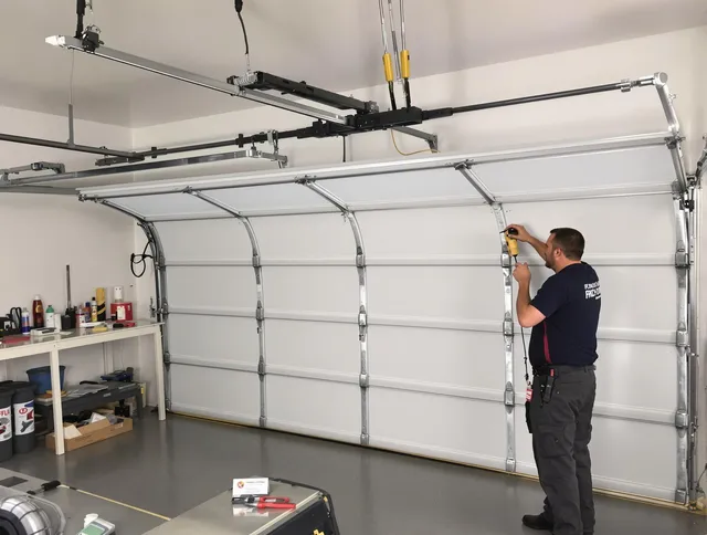 Deerfield Beach Garage Door Repair certified technician performing overhead door system repair in Deerfield Beach