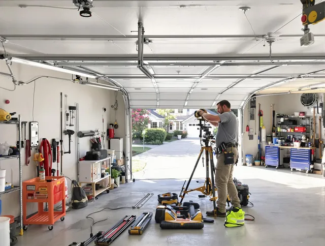 Deerfield Beach Garage Door Repair specialist performing laser-guided track alignment in Deerfield Beach